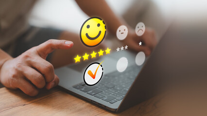 Fototapete - Customer service and satisfaction concept. Client choosing on the happy smile face icon to give satisfaction in service, rating very impressed. Testimonial review, good mood, feedback, best quality.