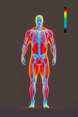 graphic infrared human body heat, young adult standing, gray neutral background
