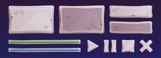 Poster - Stone game user interface assets - cartoon vector illustration set of rock plates and buttons for gui design. Rectangular banners and tablets with stony texture for menu, score level and pushbuttons.