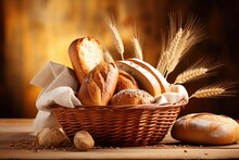 Bread And Lots Of Fresh Bread Buns In A Basket On A Wooden Table