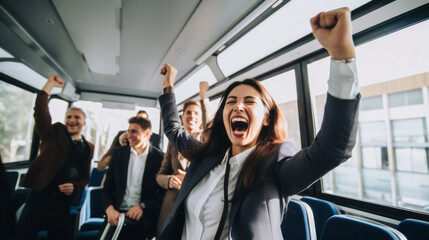 corporate businesspeople Celebrating success on a Bus