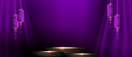 Wall Mural - Scene with curtains and lanterns, illustration in purple shade