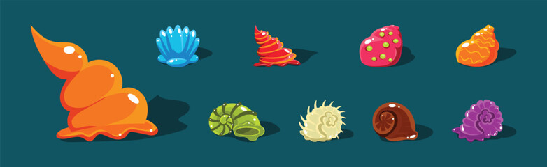 Poster - sea shells with spiral shape of different color vector set