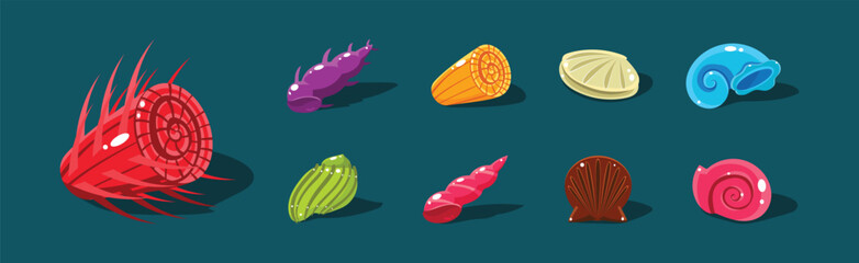 Poster - sea shells with spiral shape of different color vector set