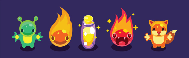 Poster - Flat Assets for Mobile Game with Funny Creatures Vector Set
