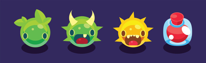 Poster - Flat Assets for Mobile Game with Funny Creatures Vector Set