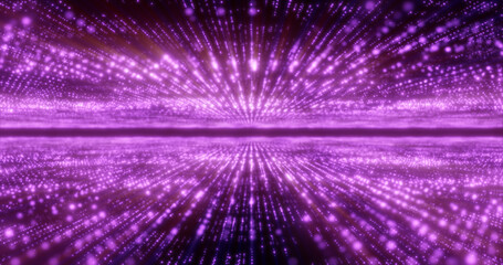 Poster - Abstract purple energy hi-tech lines and digital particles fly in a tunnel with bokeh effect glowing background