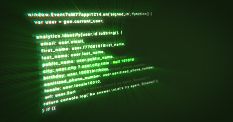 Aufkleber - Typing a digital code by a programmer in a programming language, luminous letters and numbers. Making computer programs green background