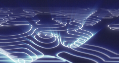 Wall Mural - Abstract blue futuristic hi-tech landscape with mountains and canyons from glowing energy circles and magic lines background