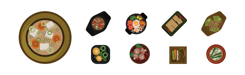 Sticker - Different Food Served on the Plate Flat Vector Set