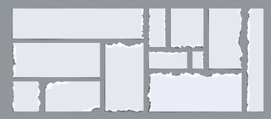 Poster - Set of torn paper strips isolated on background. Vector realistic illustration of ripped white sheet edges, blank reminder notice layout, pieces of used notebook page, waste material for recycling
