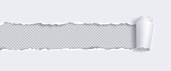 Poster - Paper banner with torn hole and rolled edge. Realistic vector illustration of ripped and folded strip or piece of notepad or cardboard page sheet with frame for text. Broken scrap with curled fragment