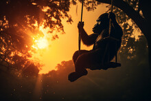 Dark Silhouette Image Of A Ape Swing In A Jungle. 