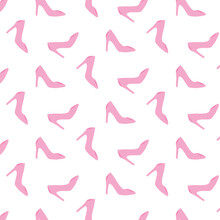 Vector Seamless Pattern With Glamorous Women Shoes. Barbicore Print. Pink Pattern With Shoes.