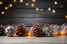 Many Pine Cones, Little Pine Trees, Pine Leaves, Christmas Balls, And Fairy Lights, Christmas Garland And Ornament Decorations, On Wood Panel Background With Bokeh Light. Generative AI.
