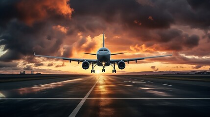 Wall Mural - the plane takes off at sundown and lands at sundown. the sky is overcast.