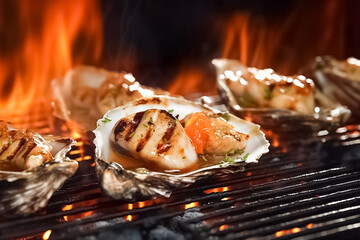 Wall Mural - Close Up Delicious shell or clams mussels on hot fire charcoal grill with flames.
