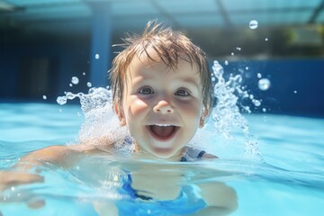 Poster - Smiling child swimming in the pool.