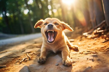 Canvas Print - Joyful red-haired puppy barking in nature.