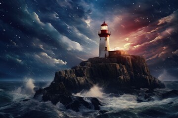 Wall Mural - Lighthouse on a rocky island with raging rocks.