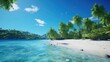 Tropical beach palm tree blue sky white clouds background.