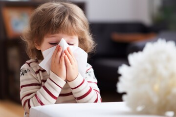 Wall Mural - Little boy blowing his nose into a handkerchief.