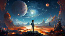 Vector Art Of Children's Illustration Space, Space Landscape. Wide Angle Lens Realistic Lighting ,generative Ai