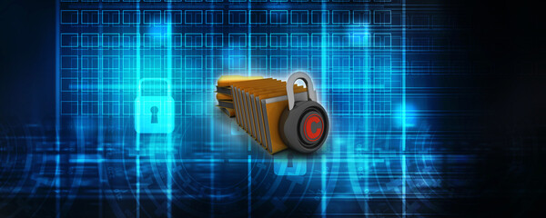 Poster - 3D rendering Yellow folder and copyright lock. Data security concept