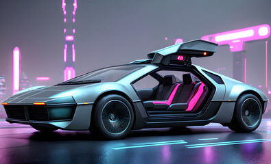 Sports concept of an electric car against the backdrop of a proud future cyberpunk style, Generative AI