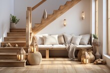 cozy scandinavian entrance hall with staircase and light natural materials