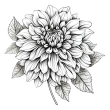 Black And White Dahlia Flower Drawing Illustration With Line Art On White Backgrounds. Generative AI