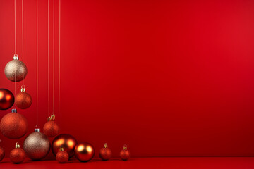 The wallpaper of the Christmas festival in winter season consists of gold, red, and silver Christmas ball and star ornament hung on red background. Generative AI.