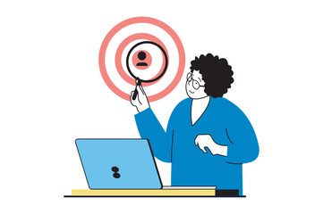 Poster - Target audience concept with people scene in flat web design. Woman with magnifier studying customers focus group for lead generation. Vector illustration for social media banner, marketing material.