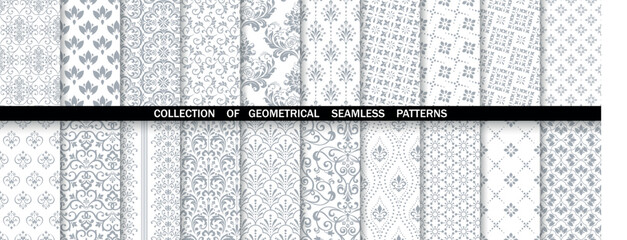Leinwandbilder - Geometric floral set of seamless patterns. White and gray vector backgrounds. Damask graphic ornaments