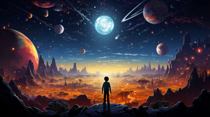 vector art of Children's illustration space, space landscape. wide angle lens realistic lighting