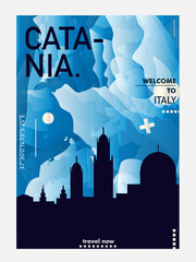 Italy Catania city blue poster with abstract shapes of skyline, cityscape, landmarks and attractions. Sicily region town travel vector illustration for brochure, website, page, business presentation