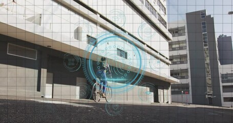 Poster - Animation of data protection text, shield and fingerprint in circles, woman riding bicycle on street