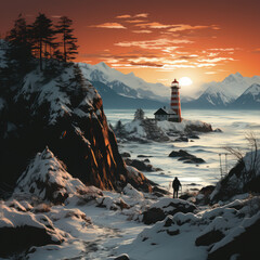 Wall Mural -  A lighthouse nestled in a valley snowy mountains
