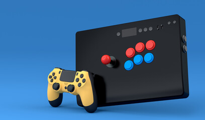 Canvas Print - Top view gamer gears like joystick and vintage arcade stick on blue background