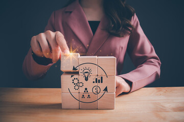 Businesswoman hand stacking wooden cube block with Innovative tool that helps entrepreneurs and business owners to map out business model in a structured and concise way. Business Model concept.