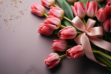 Generative AI - A bouquet of pink tulip flowers with copy space background for mother or woman day card