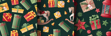Set Of Seamless Patterns For Christmas. Texture With Holiday Gift Boxes, Rocking Horse, Bows, Lantern. Great For Wallpaper, Wrapping Paper, Fabric, Textiles, Etc.