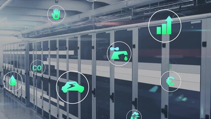 Poster - Animation of multiple icons over moving bars on data server racks in server room