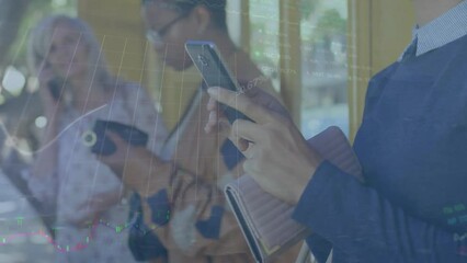 Poster - Animation of multiple graphs and trading board over biracial woman using cellphone at bus stop
