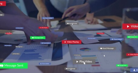 Poster - Animation of notification bars over midsection of diverse coworkers discussing reports in office