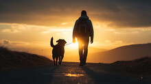 Dark Silhouette Image Of A Man Walking With Dog . 