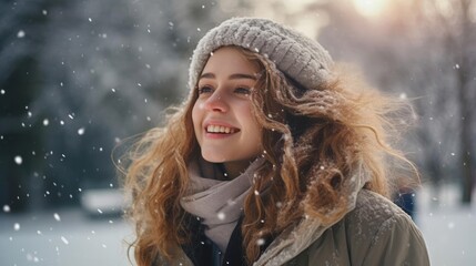 Poster - photo of happy young woman walking in a snowy winter park