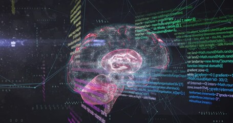 Poster - Animation of human brain, computer language and connected dots over black background
