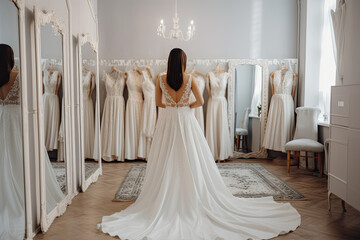 Wall Mural - A girl in a wedding salon chooses a wedding dress for the celebration.