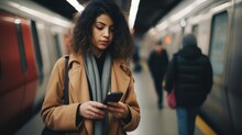 Candid Morning Shot Of A Woman Using Her Smartphone During Her Subway Commute